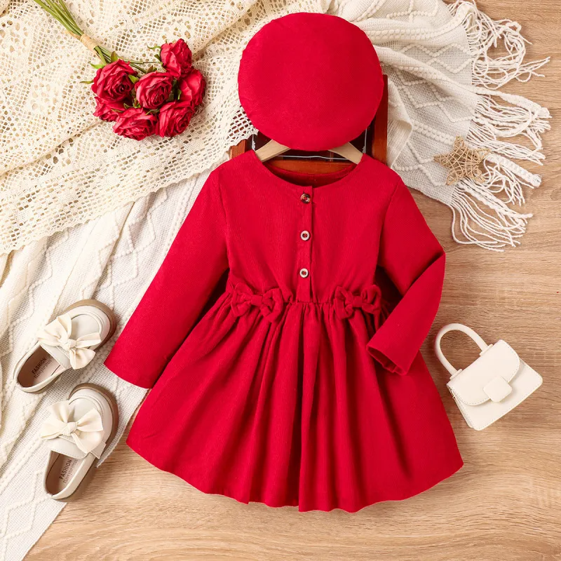 Toddler Girls Fashion Casual Solid Color Corduroy Bow Long Sleeve Round Neck Dress