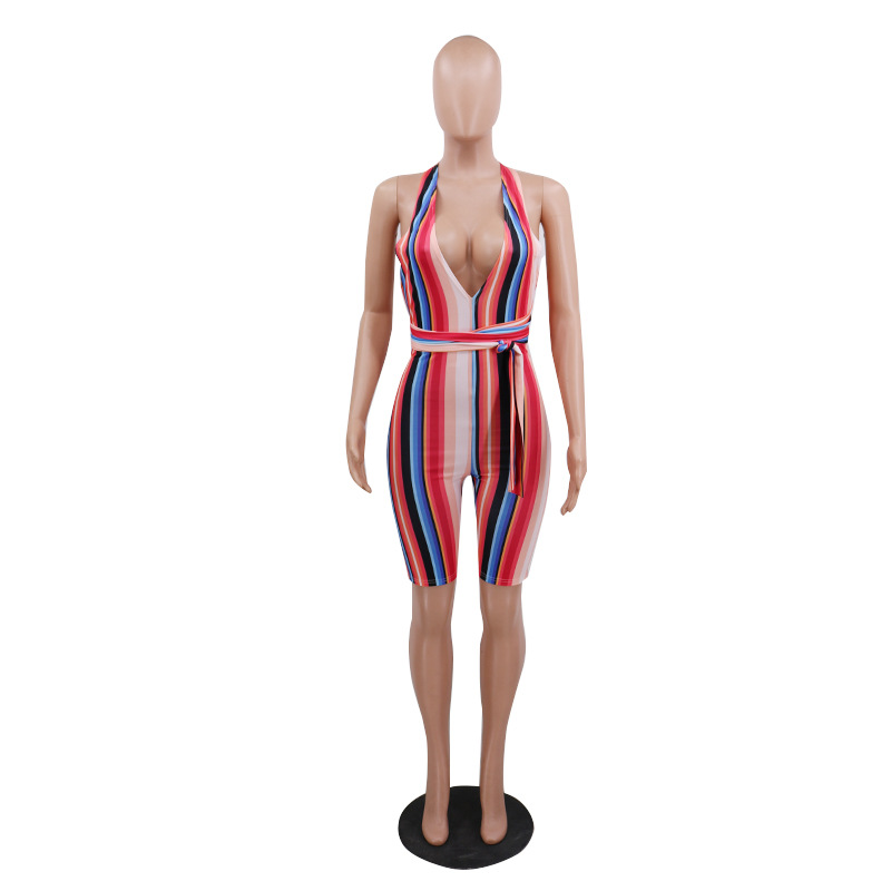 Woman Colorful Striped Bandage Sports Fashion Jumpsuits