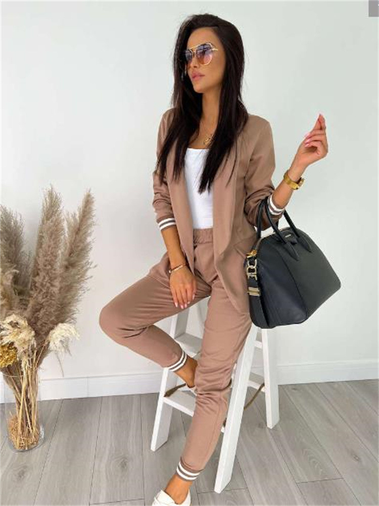 Women Solid Color Long Sleeve Lapel Top And Pants Casual Two Piece Set