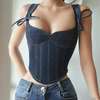 Women Fashion Irregular Split Stitching Bandage Denim Crop Top