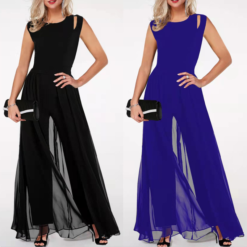 Women Solid Color Sleeveless Mesh Chiffon Casual Elegant Work Jumpsuits