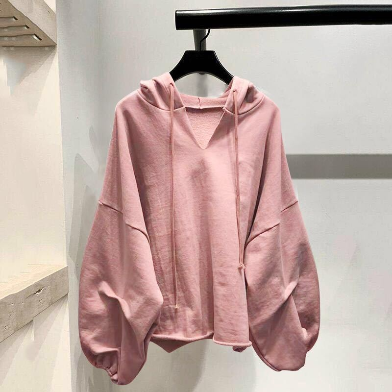 Fashion Young Women Large Size Solid Color V-Neck Puff Sleeve Loose Hoodie