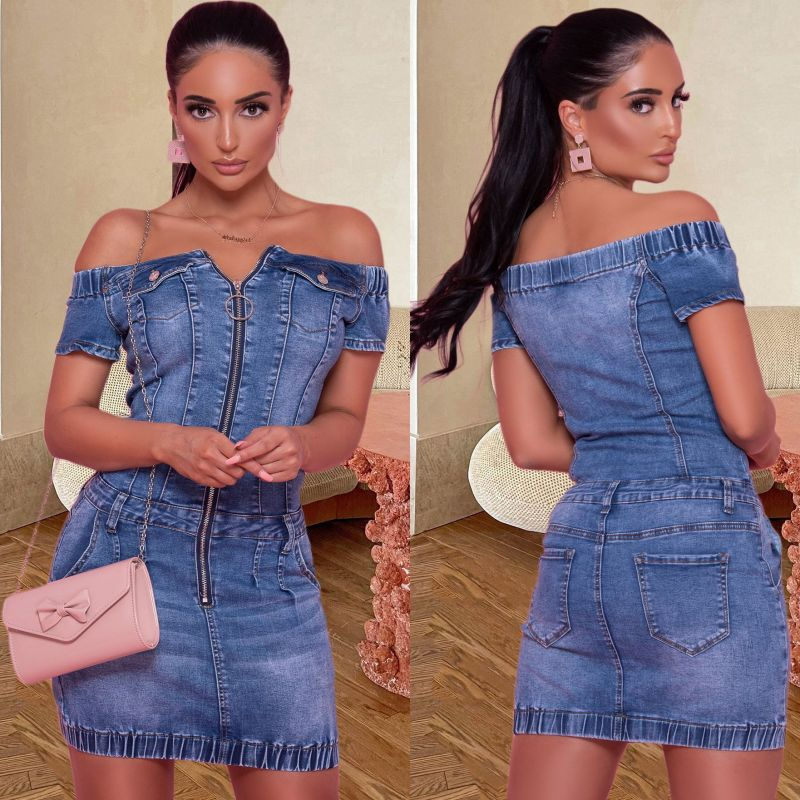 Women Basic Elegant Off-The-Shoulder Zipper Denim Lapel Bodycon Dress