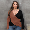 Casual Women Plus Size Winter Autumn Color Contrast V Neck Long Sleeve Cross Knitted Sweater