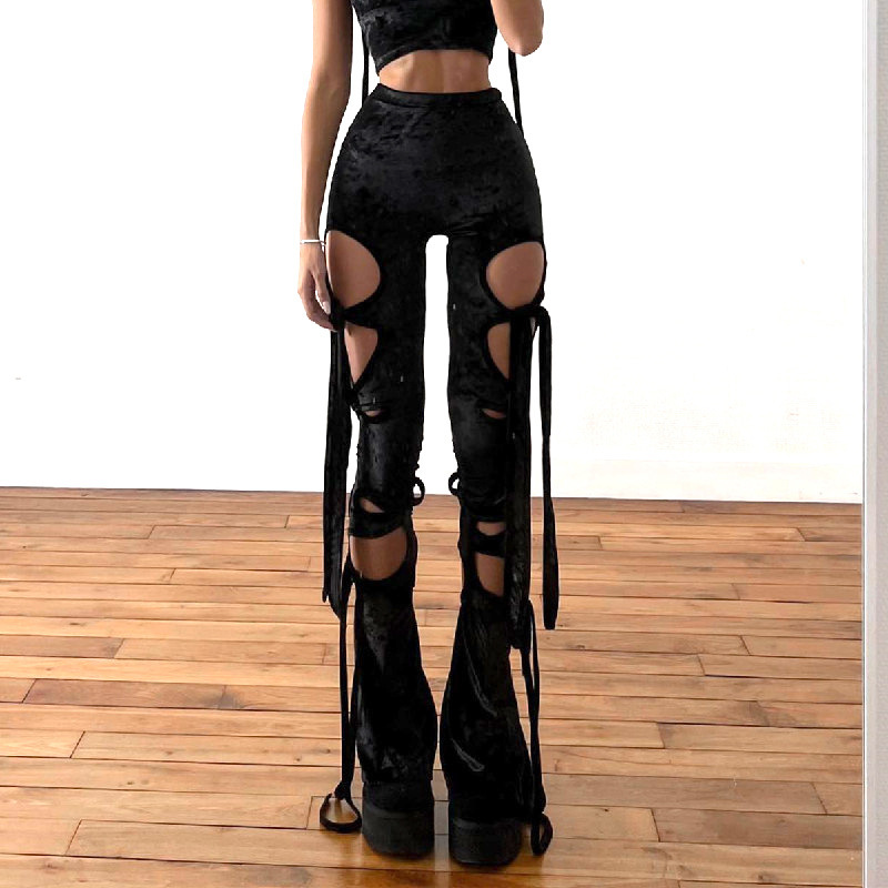 Women'S Fashion Solid Color Velvet Cut Out Bandage Pants