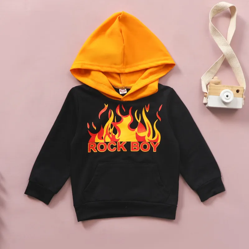 Children Kids Toddlers Fashion Girls Boys Long Sleeved Letter Fire Print Hoodies