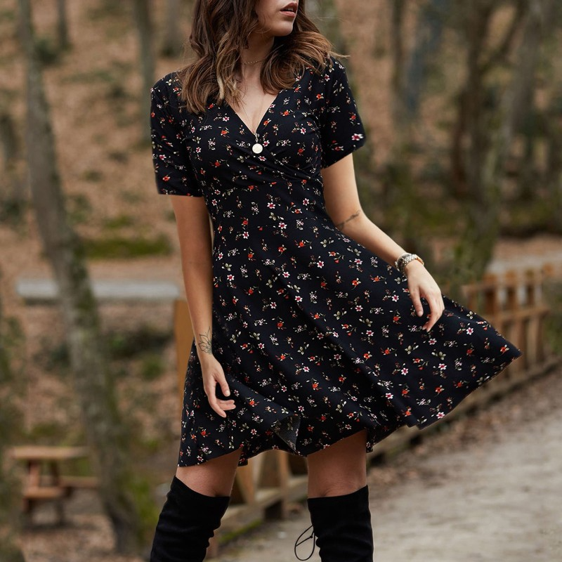 Women Fashion Elegant Tiny Flower Printing V Neck Short Sleeve Dress