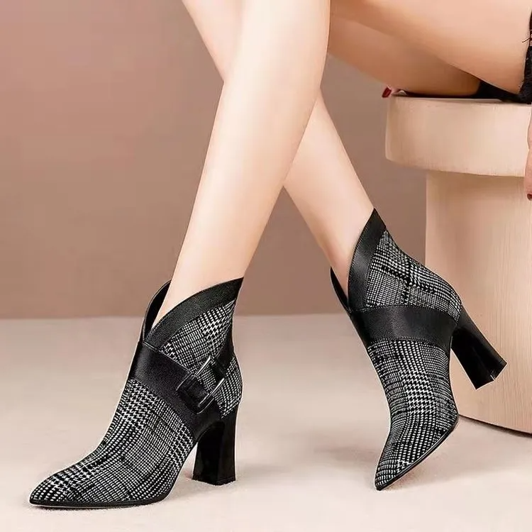 Women'S Fashion Pointed Toe Belt Buckle Stripe Back Zip Block Heel Short Boots