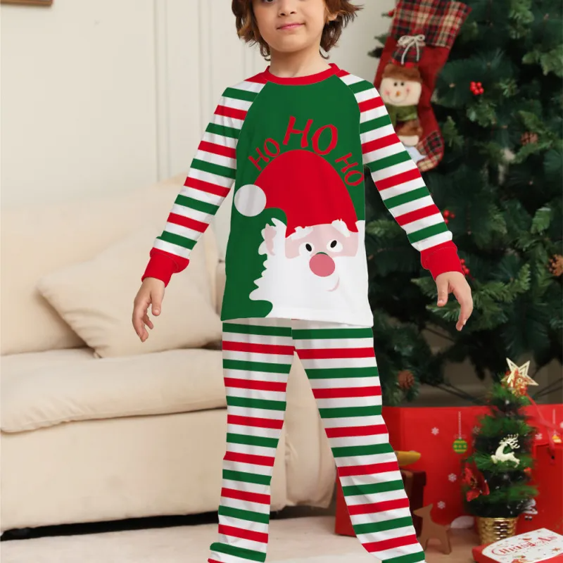 Christmas Cartoon Fashion Stripe Santa Claus Print Round Neck Long Sleeve Home Pajamas Parent-Child Suit