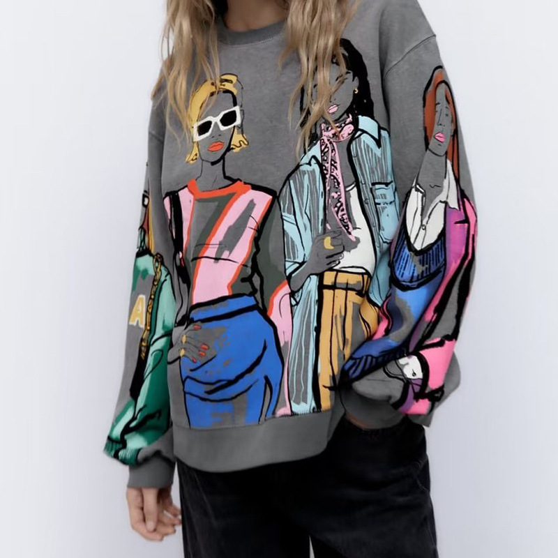 Autumn Winter Women Fleece-Lined Round Neck Loose Graphic Printed Sweatshirt