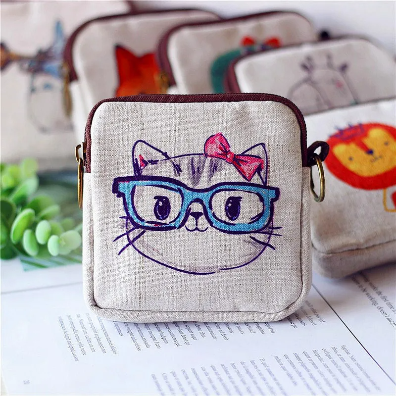 Kids Cartoon Printing Cotton And Linen Key Ring Coin Purse Coin Bag