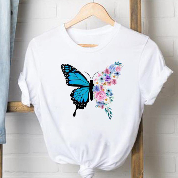 2 Pieces  Women'S Cartoon Cute Butterfly Print Round Neck Short Sleeve T-Shirt