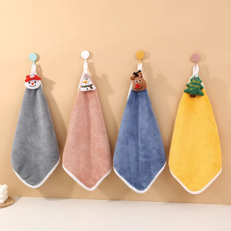 (Buy 1 Get 1) Warp Knitted Coral Fleece Santa Claus Hand Towel Soft Cute Hanging Kitchen Square Towel Rag