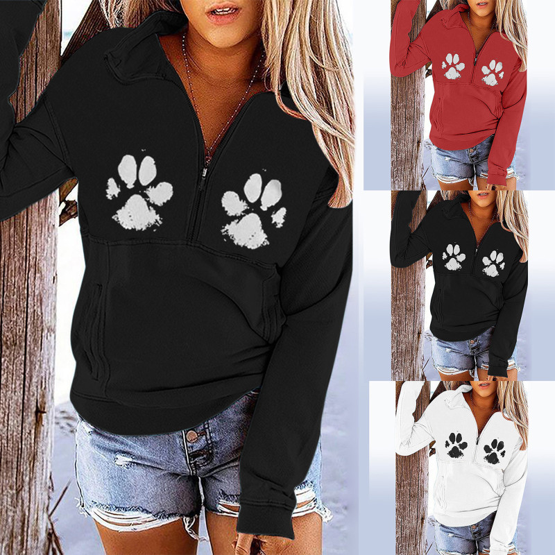 Women Casual Animal Footprint Pattern Loose Long Sleeve Hoodie