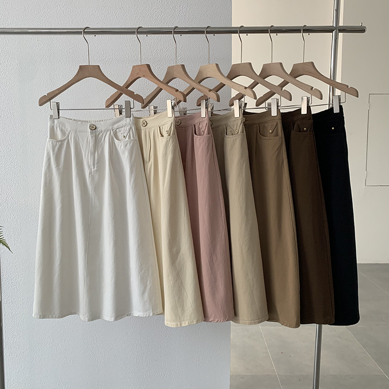 Women Summer Washed Coconut Buckle Basic Solid Color Semi-Elastic High Waist A-Line Skirt