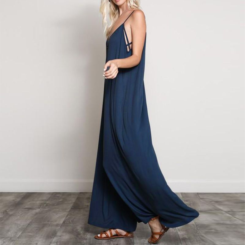 Solid Color Oversize V Neck Spaghetti Strap Wide-Leg Jumpsuits