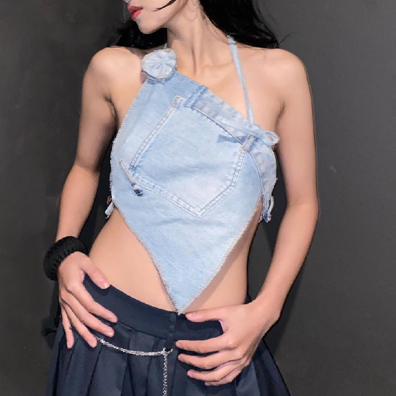 Women'S Sexy Halter Neck Irregular Denim Top