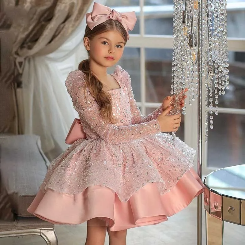 Toddler Girls Fashion Party Cute Bow Sequins Long Sleeve U Neck Tutu Princess Dress