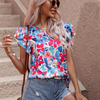 Fashion Women Summer Vacation Floral Print Double Layer Ruffled Short-Sleeved Blouse