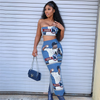 Women'S Fashion Graphic Print One-Shoulder Backless Sexy Slim Crop Top Back Slit Skirt Two-Piece Sets