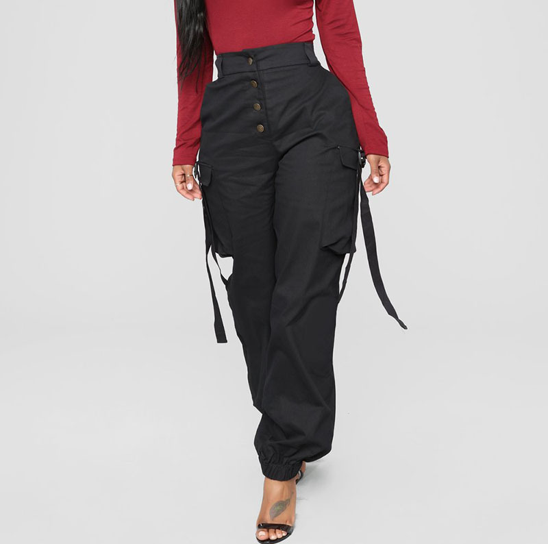 Women Fashion Casual Multi-Pocket Button Middle Waist Pants