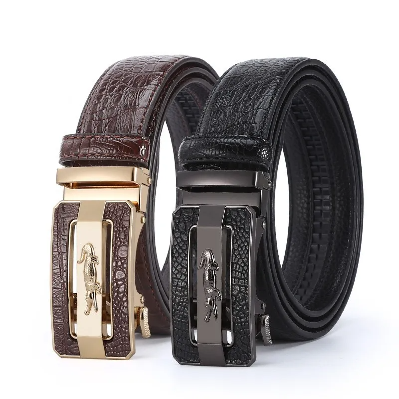 Men Business Cowhide Crocodile Metal Buckle Belt