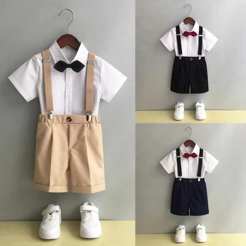 Kids Toddler Big Boys Summer Fashion Casual British Style Bow Shirt Suspender Trousers Boys Party Clothing Set