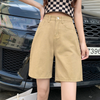 Women Fashion Casual Loose High-Waisted Half-Zip Wide-Leg Denim Shorts