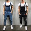 Men Fashion Casual Trend Solid Color Loose Ripped Leg Suspender Jeans