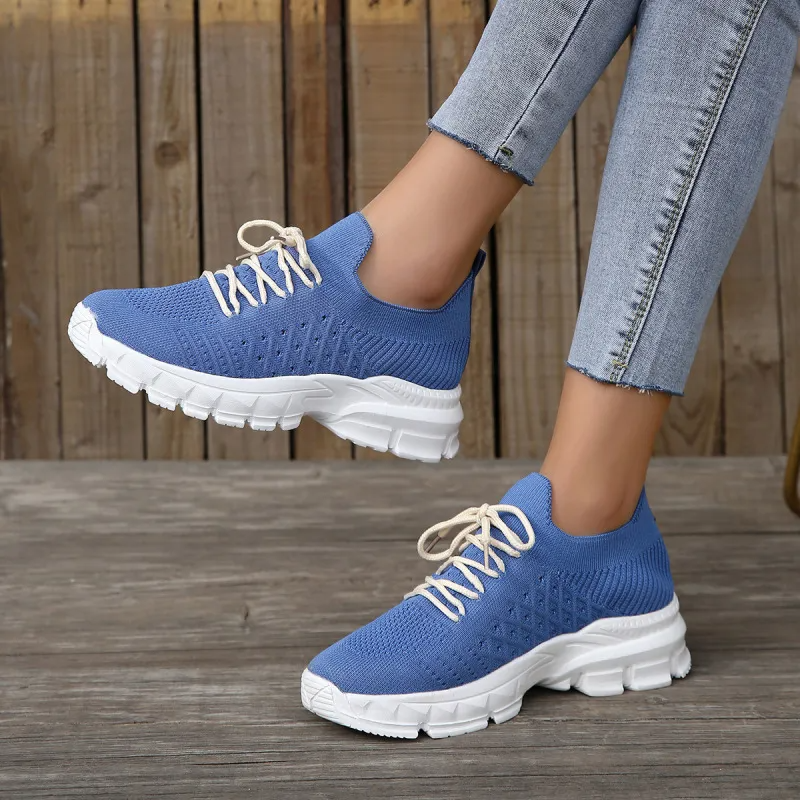 Women Fashion Casual Plus Size Breathable Flying Woven Lace-Up Thick-Soled Sneakers