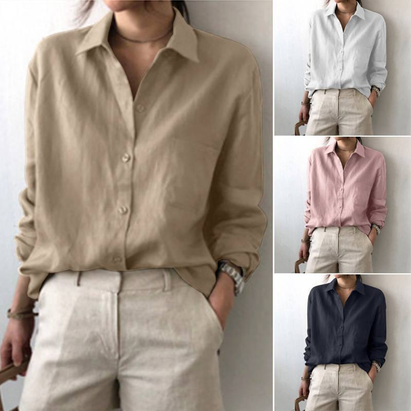 Solid Color Fashion Women Basic Solid Color Lapel Shirt Office Blouse