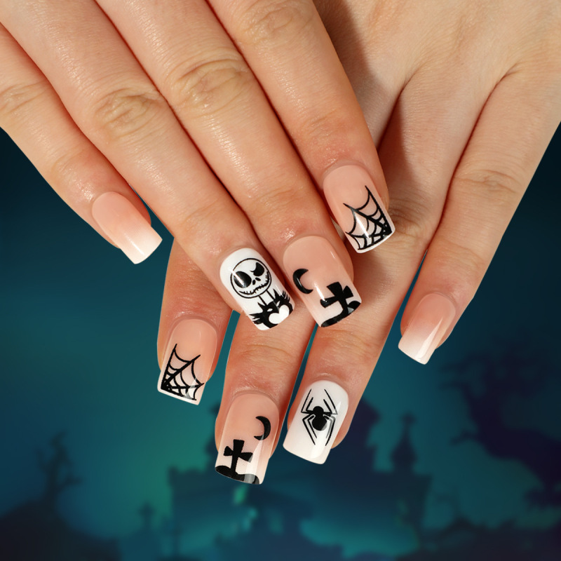 ( Buy 1 Get 2 ) Women Fashion Halloween Cobweb Skull Grimace Wearable False Nails