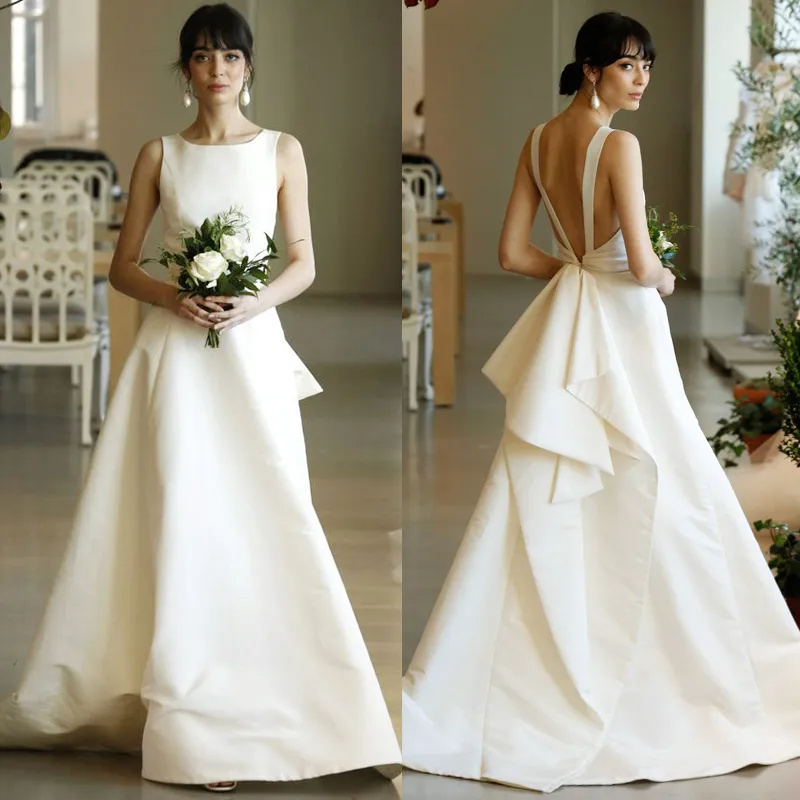 Women Elegant Solid Color Sleeveless Backless Satin Floor Length Wedding Evening Dress