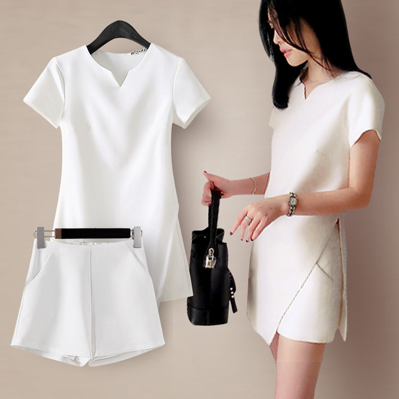 Women Summer Elegant Solid Color Short Sleeve Side Slit Blouse And Shorts Office Chic Set