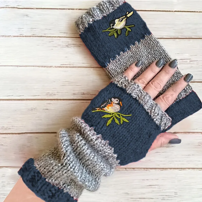 (Buy 1 Get 1) Autumn Winter Women Fashion Warm Stitching Embroidered Half Finger Gloves