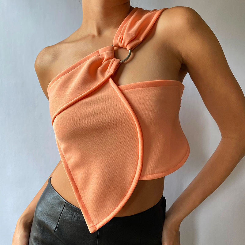 Fashion Women Summer Solid Color Irregular Slanted Collar Sleeveless Asymmetric Crop Top