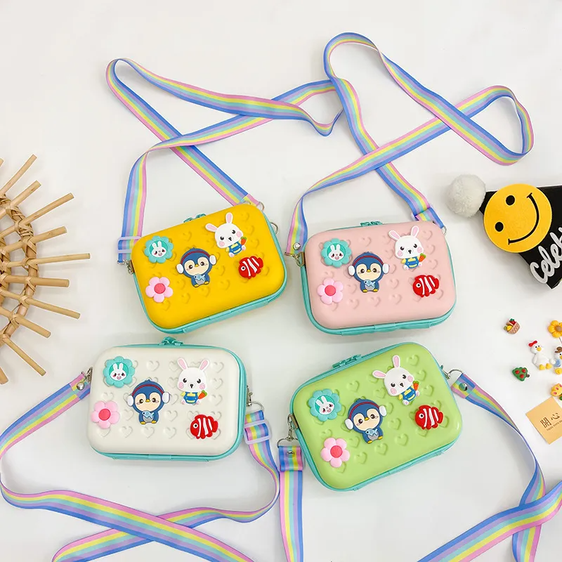 Kids Girls Fashion Sweet Candy Color Cartoon Bunny Fish Flower Silicone Mini Square Crossbody Bag