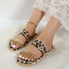 Women Fashion Plus Size Vacation Beach Leopard Print Metal Chain Flat Round Toe Slippers