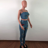 Sexy Sling Tube Top And Pants Patch Design Denim Two Piece Sets