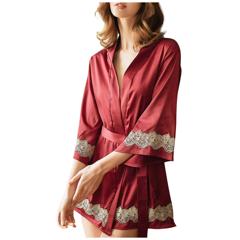 Women Elegant Sexy Lace Long Sleeves Patchwork Satin Robe