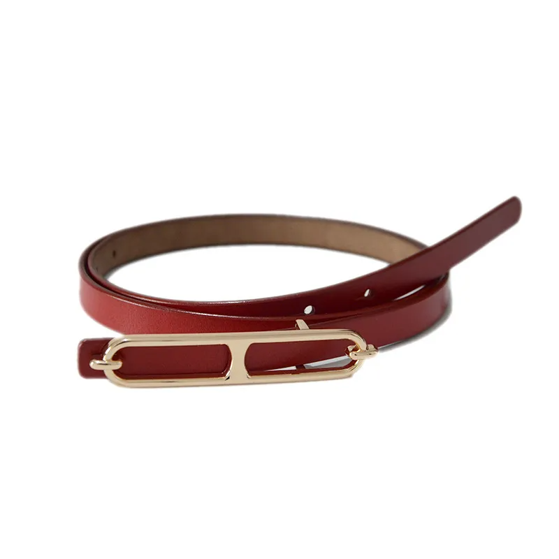 Women'S Casual Fashion Alloy Rectangular Snap Buckle Genuine Leather Thin Belt