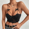 Women Fashion Sexy Black Lace Spaghetti Strap Bow Decor Croset Crop Top