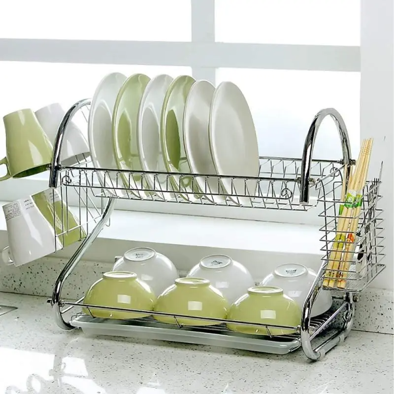 Modern Minimalist Kitchen Stainless Steel S-Shaped Double-Layer Dish Storage Rack