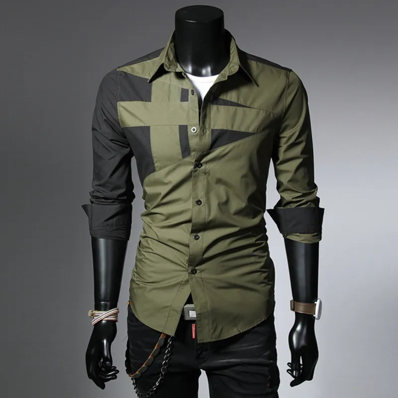 Men Fashion Contrast Color Splicing Lapel Slim Long Sleeve Shirt