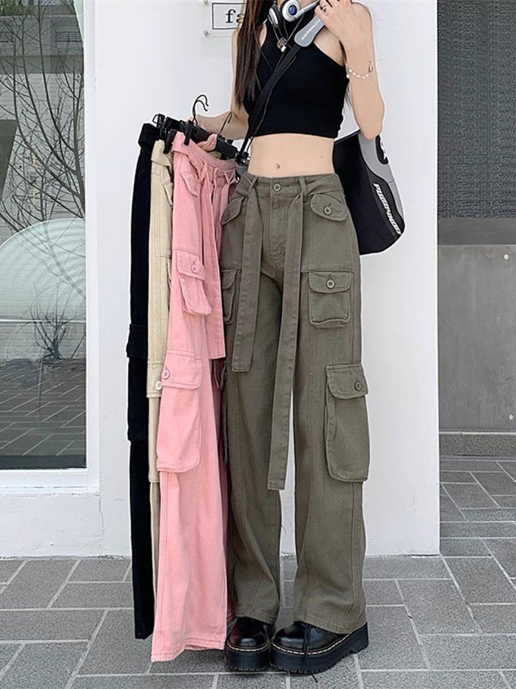 Women Retro Multi-Pocket Old Overalls Loose Straight Pants