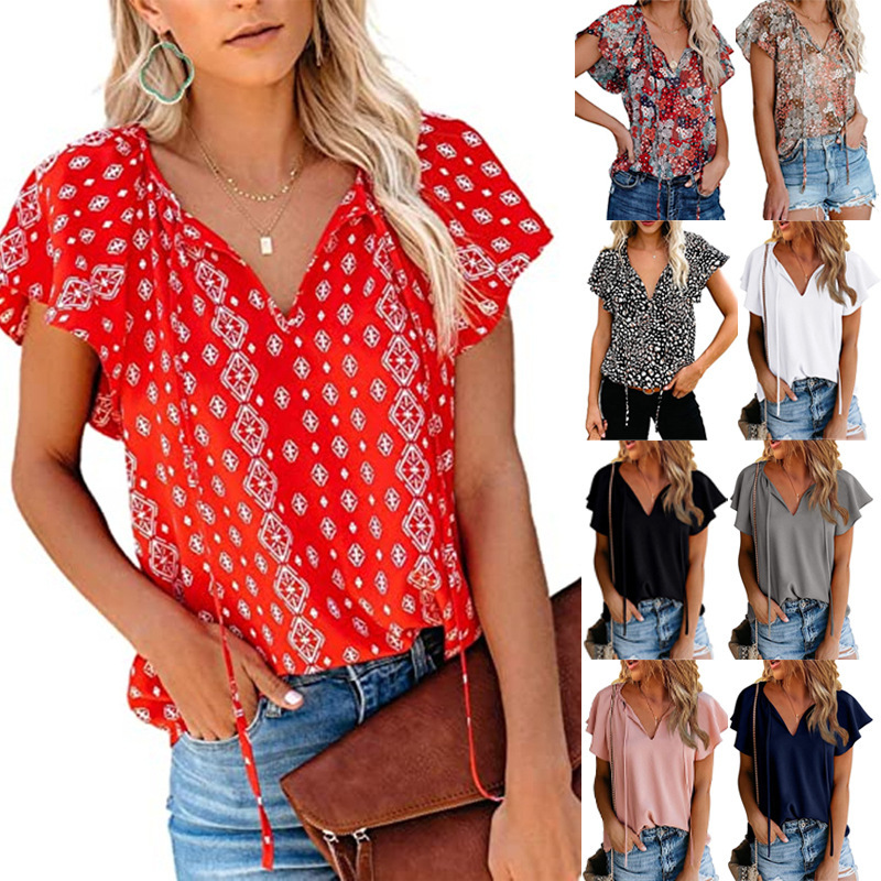 Women Fashion Summer Casual Floral Print V-Neck Short-Sleeved Blouse