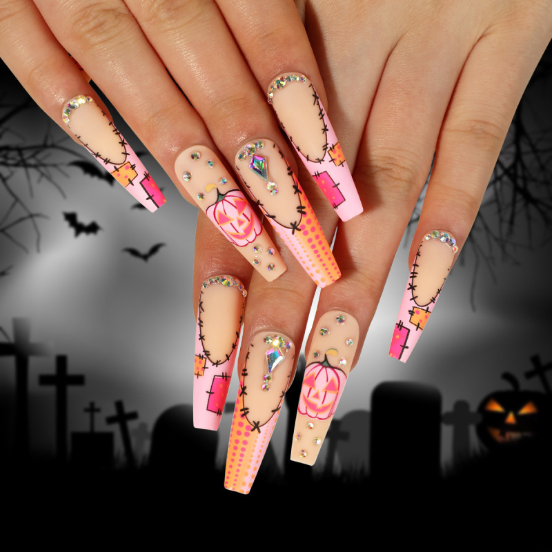 ( Buy 1 Get 1 ) Women Fashion Halloween Frosted Pink Pumpkin Rhinestone Polka Dot Wearable False Nails