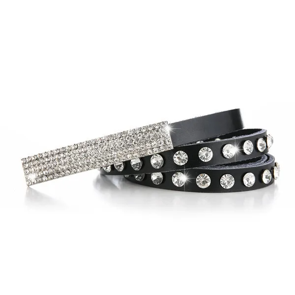 Women'S Casual Fashion Rhinestone Leather Thin Belt