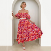 Women'S Temperament Fashion Backless Boat Neck Floral Printing Puff Sleeve Dress