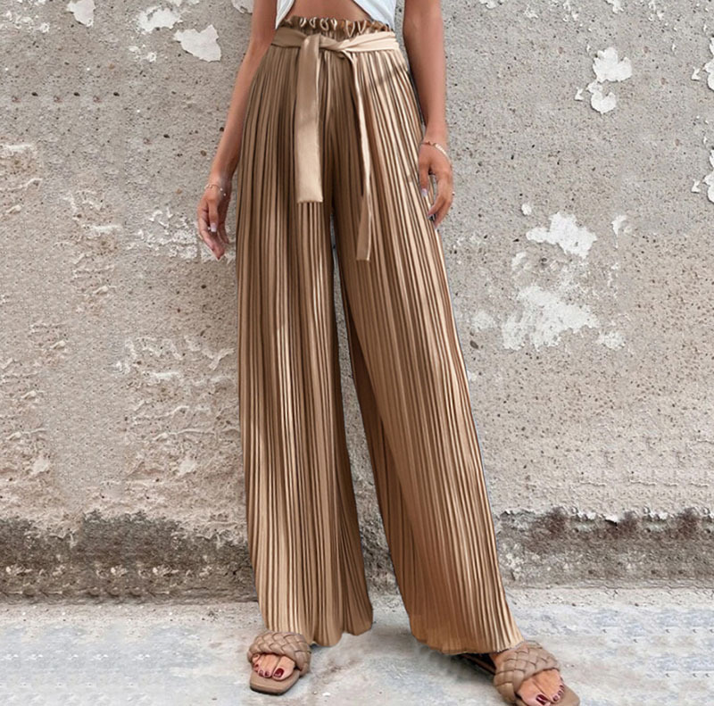 Women Fashion High Waist Solid Color Pleated Wide-Leg Pants